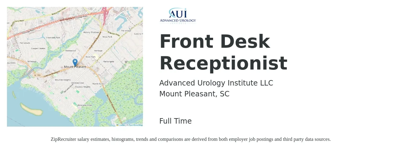 Advanced Urology Institute LLC job posting for a Front Desk Receptionist in Mount Pleasant, SC with a salary of $14 to $18 Hourly with a map of Mount Pleasant location.