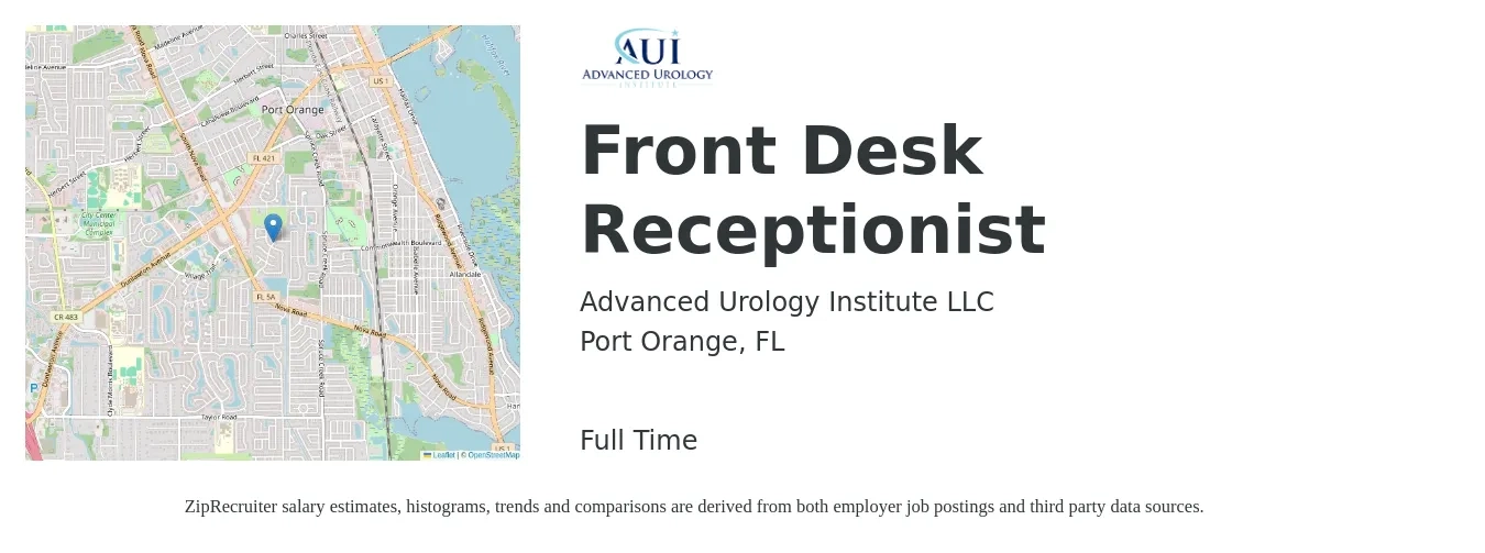 Advanced Urology Institute LLC job posting for a Front Desk Receptionist in Port Orange, FL with a salary of $13 to $16 Hourly with a map of Port Orange location.