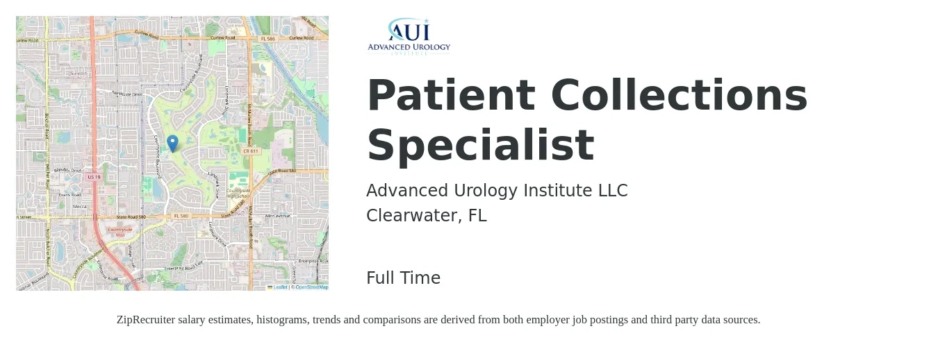 Advanced Urology Institute LLC job posting for a Patient Collections Specialist in Clearwater, FL with a salary of $16 to $20 Hourly with a map of Clearwater location.
