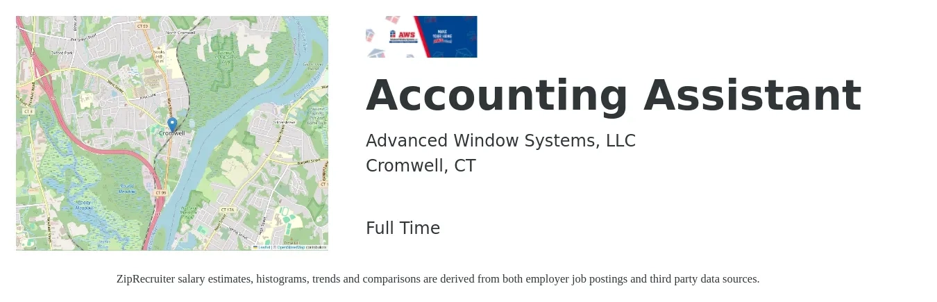 Advanced Window Systems, LLC job posting for a Accounting Assistant in Cromwell, CT with a salary of $20 to $26 Hourly with a map of Cromwell location.
