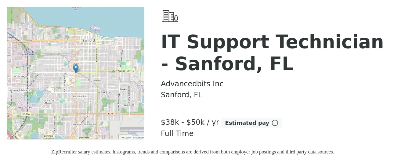 Advancedbits Inc job posting for a IT Support Technician - Sanford, FL in Sanford, FL with a salary of $38,000 to $50,000 Yearly with a map of Sanford location.