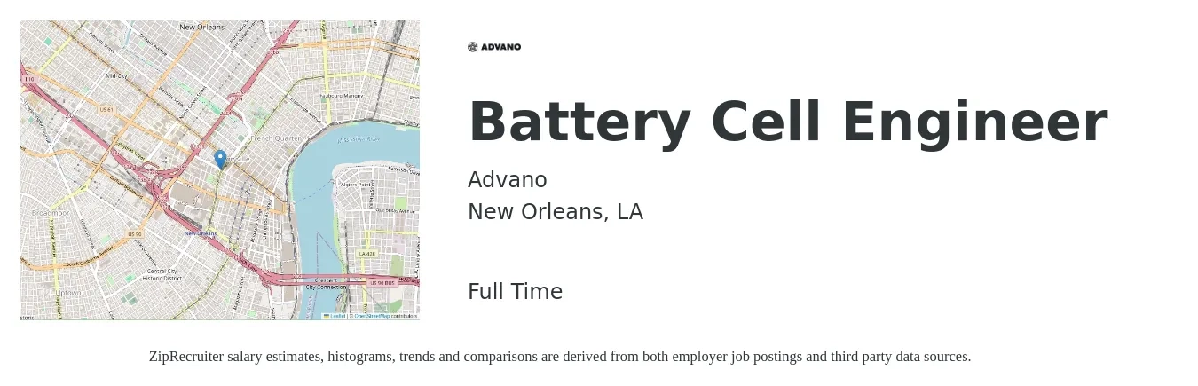 Advano job posting for a Battery Cell Engineer in New Orleans, LA with a salary of $91,200 to $124,800 Yearly with a map of New Orleans location.