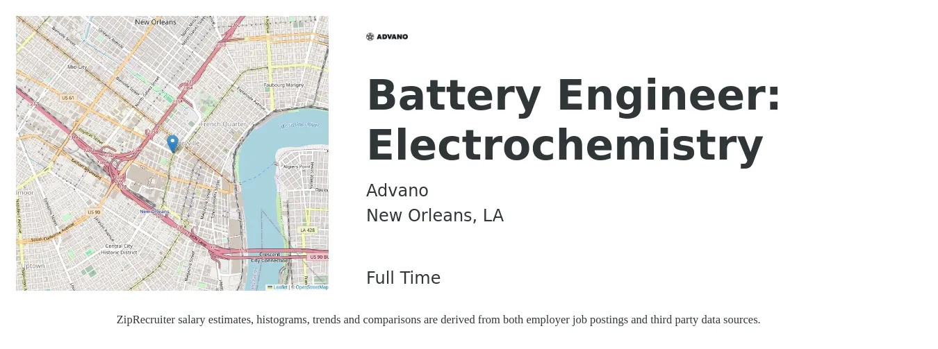 Advano job posting for a Battery Engineer: Electrochemistry in New Orleans, LA with a salary of $91,200 to $124,800 Yearly with a map of New Orleans location.