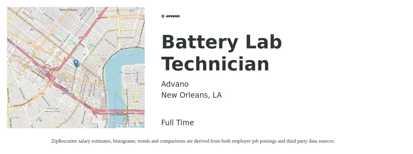 Advano job posting for a Battery Lab Technician in New Orleans, LA with a salary of $18 to $24 Hourly with a map of New Orleans location.