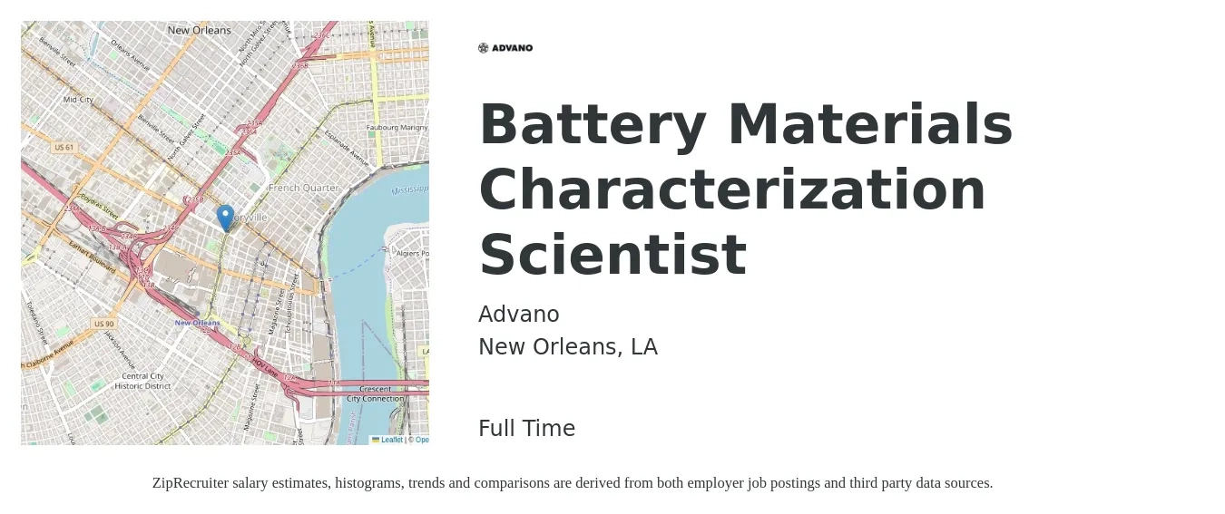 Advano job posting for a Battery Materials Characterization Scientist in New Orleans, LA with a salary of $88,800 to $158,700 Yearly with a map of New Orleans location.