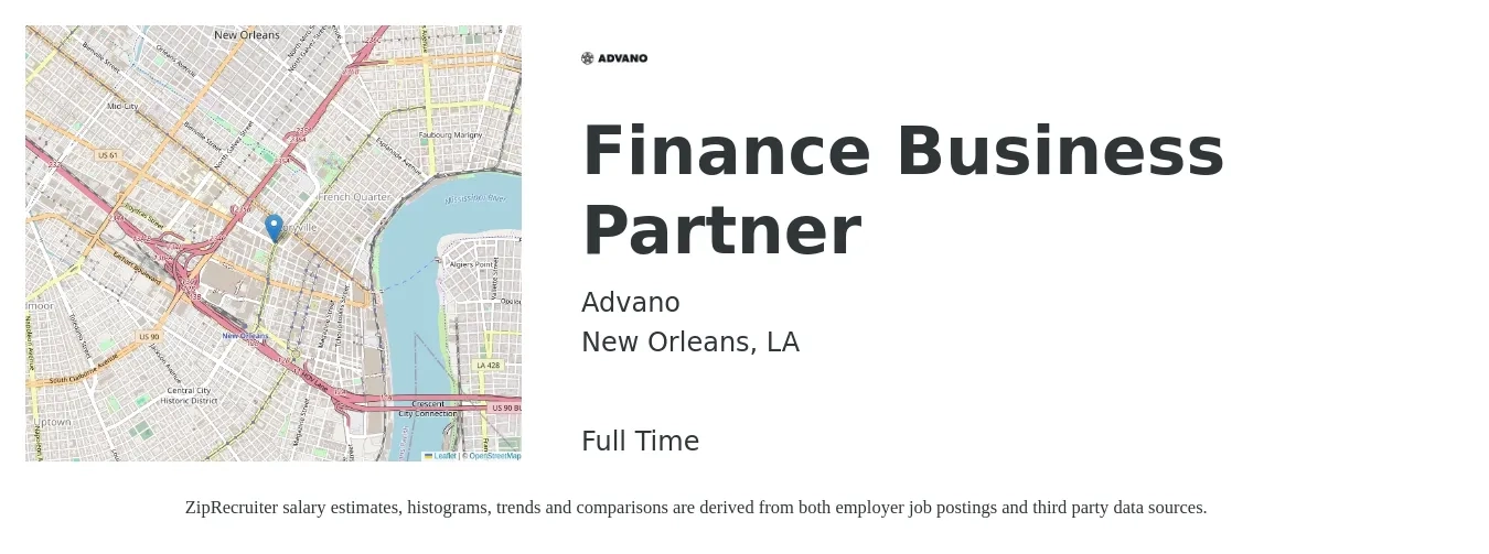 Advano job posting for a Finance Business Partner in New Orleans, LA with a salary of $80,300 to $112,100 Yearly with a map of New Orleans location.