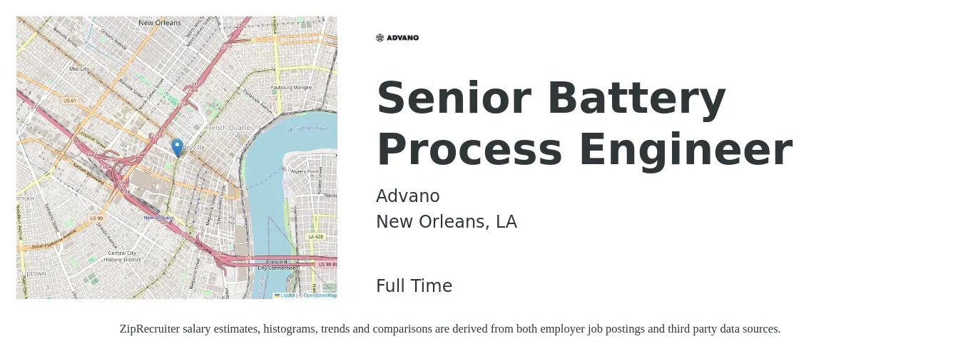 Advano job posting for a Senior Battery Process Engineer in New Orleans, LA with a salary of $98,800 to $127,800 Yearly with a map of New Orleans location.