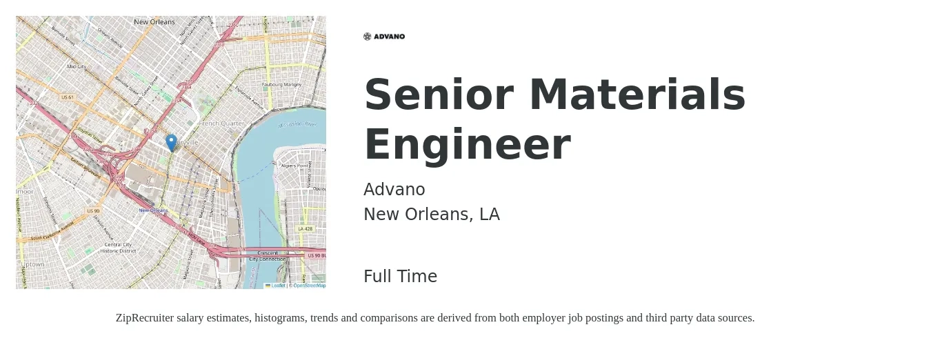 Advano job posting for a Senior Materials Engineer in New Orleans, LA with a salary of $100,400 to $137,800 Yearly with a map of New Orleans location.