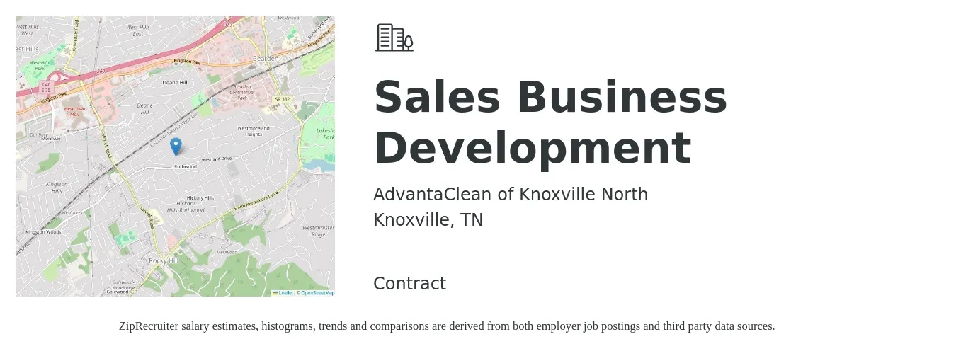 AdvantaClean of Knoxville North job posting for a Sales Business Development in Knoxville, TN with a salary of $42,100 to $66,200 Yearly with a map of Knoxville location.