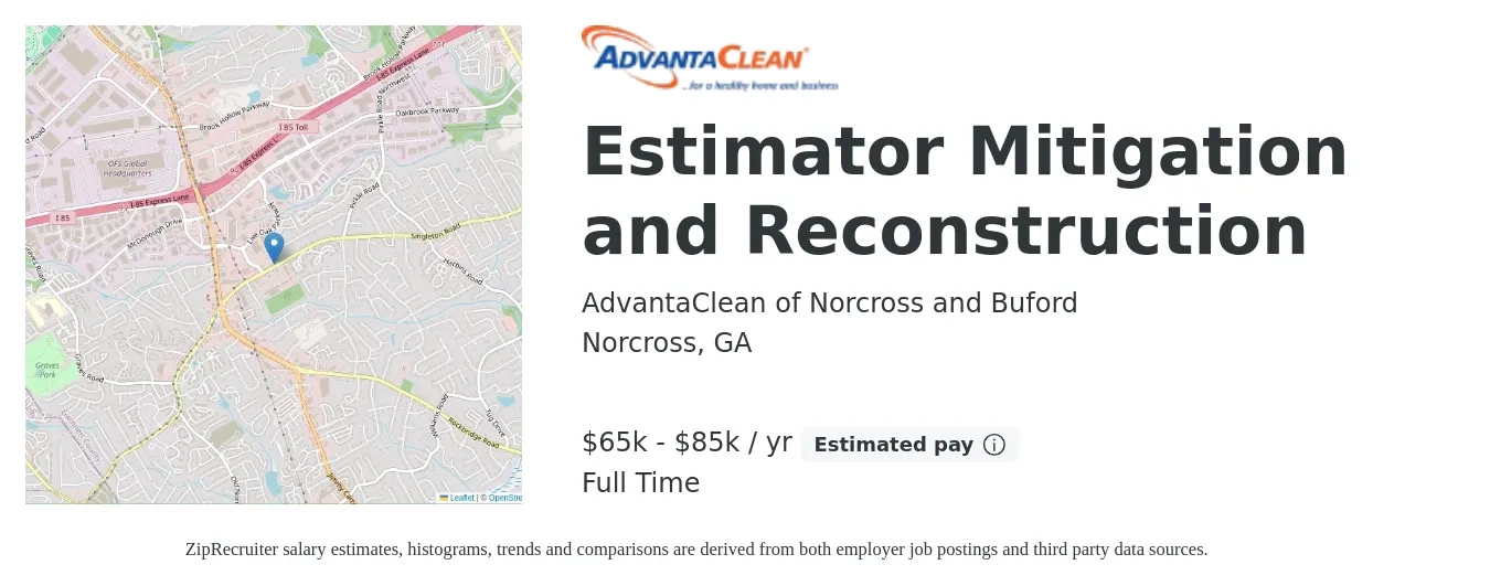 AdvantaClean of Norcross and Buford job posting for a Estimator Mitigation and Reconstruction in Norcross, GA with a salary of $65,000 to $95,000 Yearly with a map of Norcross location.