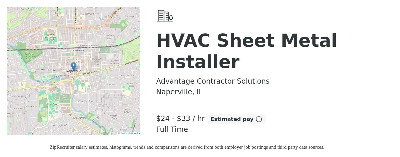 Advantage Contractor Solutions job posting for a HVAC Sheet Metal Installer in Naperville, IL with a salary of $25 to $35 Hourly with a map of Naperville location.