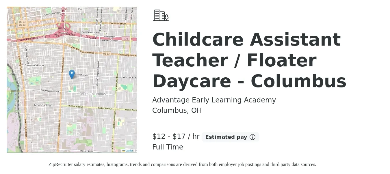 Advantage Early Learning Academy job posting for a Childcare Assistant Teacher / Floater Daycare - Columbus in Columbus, OH with a salary of $12 to $18 Hourly with a map of Columbus location.