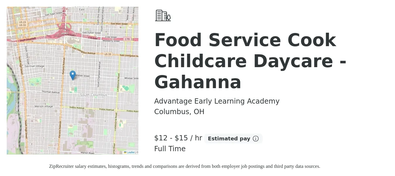 Advantage Early Learning Academy job posting for a Food Service Cook Childcare Daycare - Gahanna in Columbus, OH with a salary of $12 to $16 Hourly with a map of Columbus location.