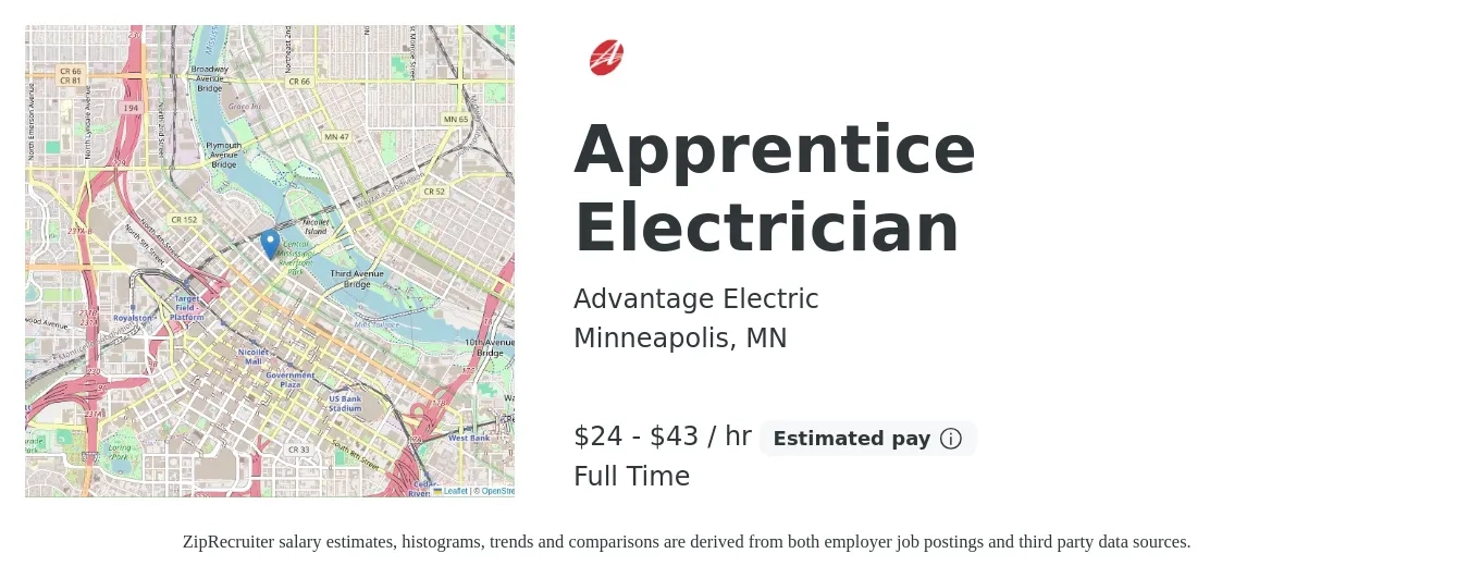 Advantage Electric job posting for a Apprentice Electrician in Minneapolis, MN with a salary of $25 to $45 Hourly with a map of Minneapolis location.