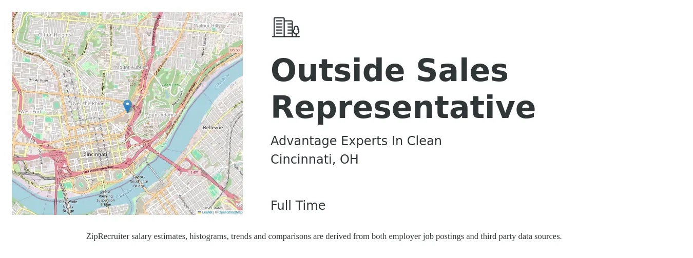 Advantage Experts In Clean job posting for a Outside Sales Representative in Cincinnati, OH with a salary of $50,400 to $86,400 Yearly with a map of Cincinnati location.