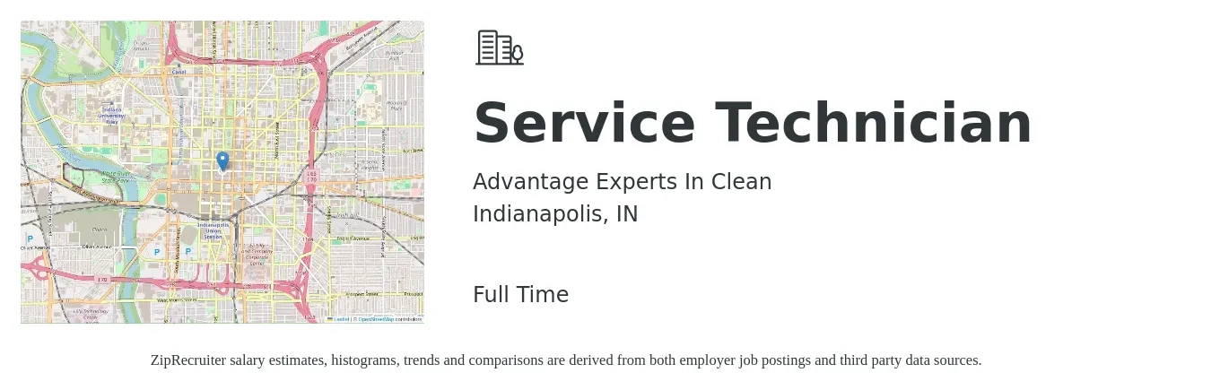 Advantage Experts In Clean job posting for a Service Technician in Indianapolis, IN with a salary of $19 to $26 Hourly with a map of Indianapolis location.