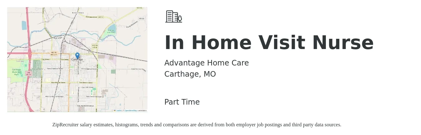 Advantage Home Care job posting for a In Home Visit Nurse in Carthage, MO with a salary of $26 to $38 Hourly with a map of Carthage location.
