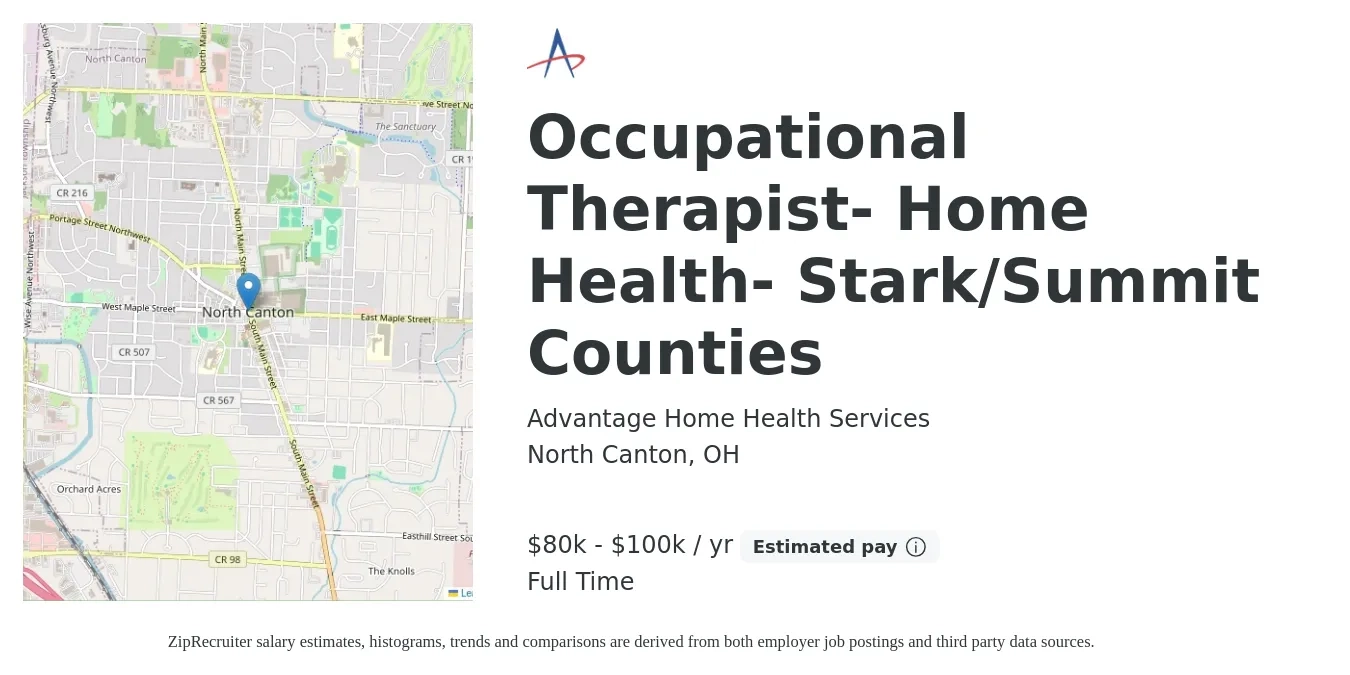 Advantage Home Health Services job posting for a Occupational Therapist- Home Health- Stark/Summit Counties in North Canton, OH with a salary of $80,000 to $100,000 Yearly with a map of North Canton location.