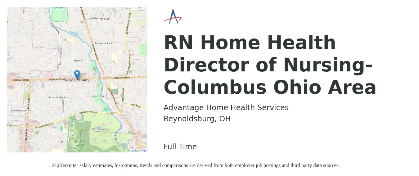 Advantage Home Health Services job posting for a RN Home Health Director of Nursing- Columbus Ohio Area in Reynoldsburg, OH with a salary of $85,000 Yearly with a map of Reynoldsburg location.