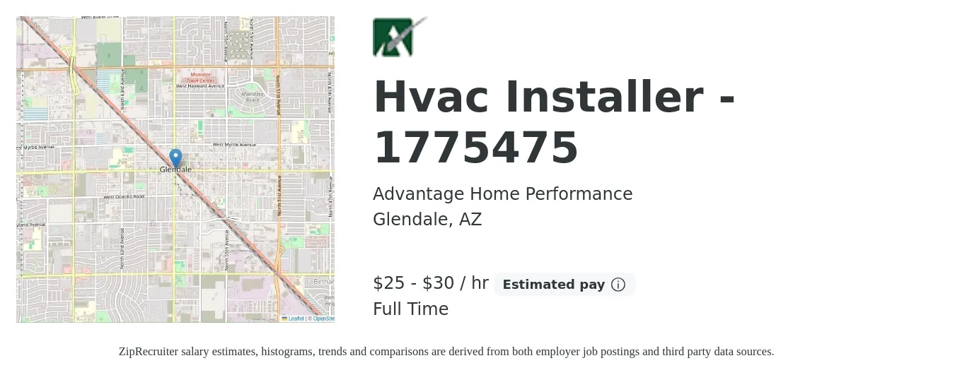 Advantage Home Performance job posting for a Hvac Installer - 1775475 in Glendale, AZ with a salary of $26 to $32 Hourly with a map of Glendale location.