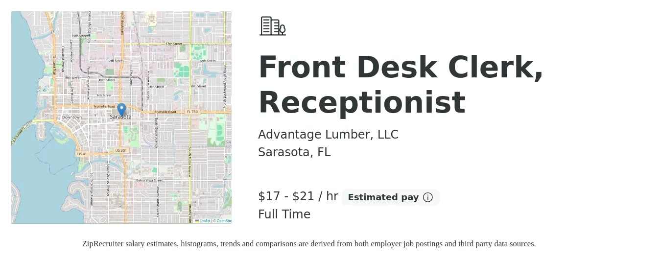 Advantage Lumber, LLC job posting for a Front Desk Clerk, Receptionist in Sarasota, FL with a salary of $18 to $22 Hourly with a map of Sarasota location.