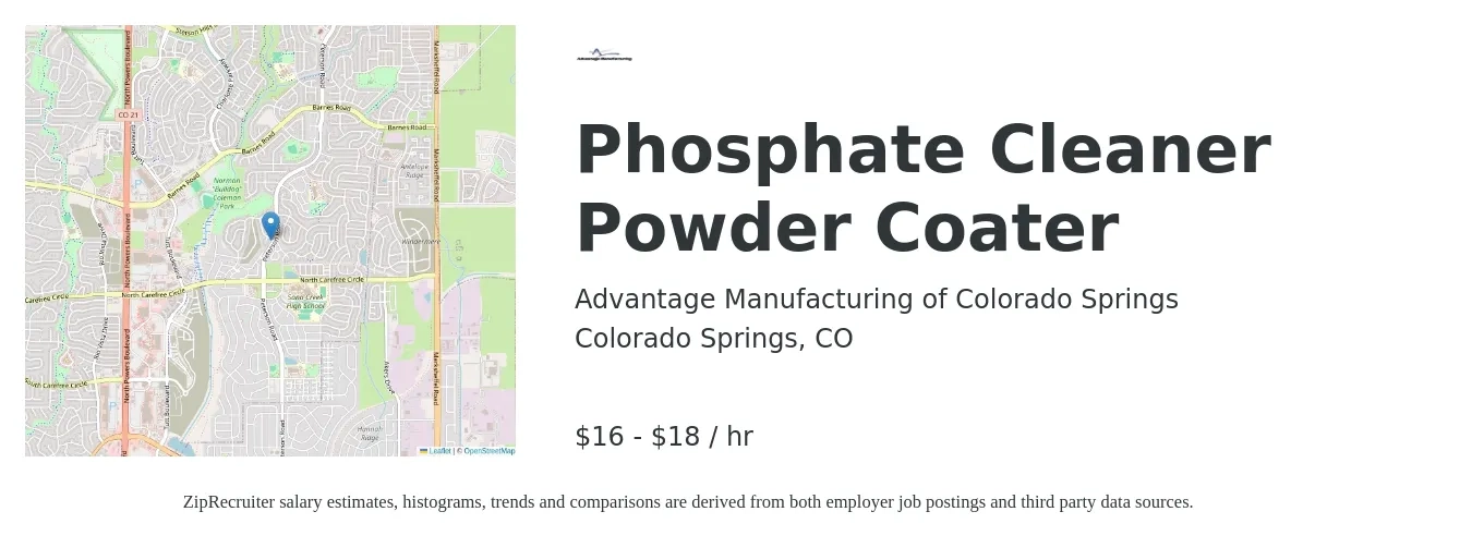 Advantage Manufacturing of Colorado Springs job posting for a Phosphate Cleaner/ Powder Coater in Colorado Springs, CO with a salary of $17 to $19 Hourly with a map of Colorado Springs location.