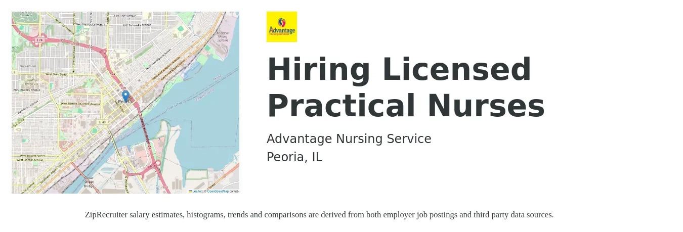 Advantage Nursing Service job posting for a Hiring Licensed Practical Nurses in Peoria, IL with a salary of $1,000 Daily with a map of Peoria location.
