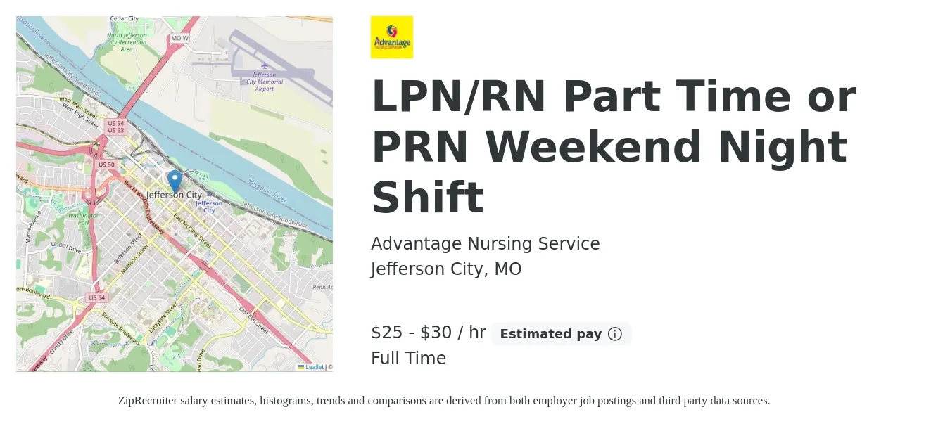 Advantage Nursing Service job posting for a LPN/RN Part Time or PRN Weekend Night Shift in Jefferson City, MO with a salary of $26 to $32 Hourly with a map of Jefferson City location.