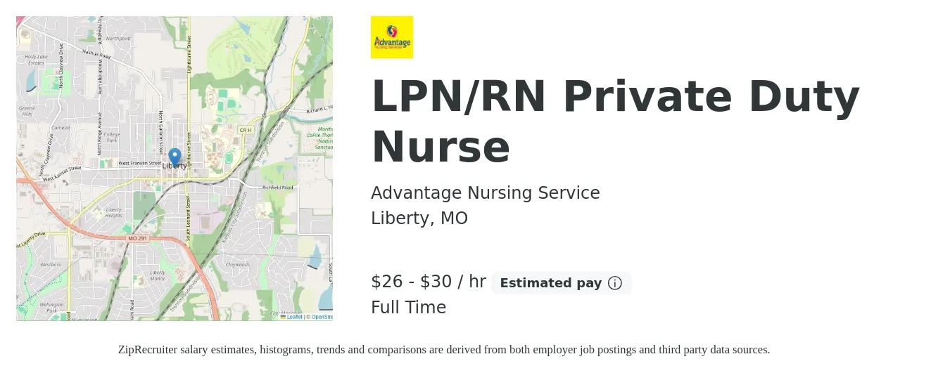 Advantage Nursing Service job posting for a LPN/RN Private Duty Nurse in Liberty, MO with a salary of $28 to $32 Hourly with a map of Liberty location.