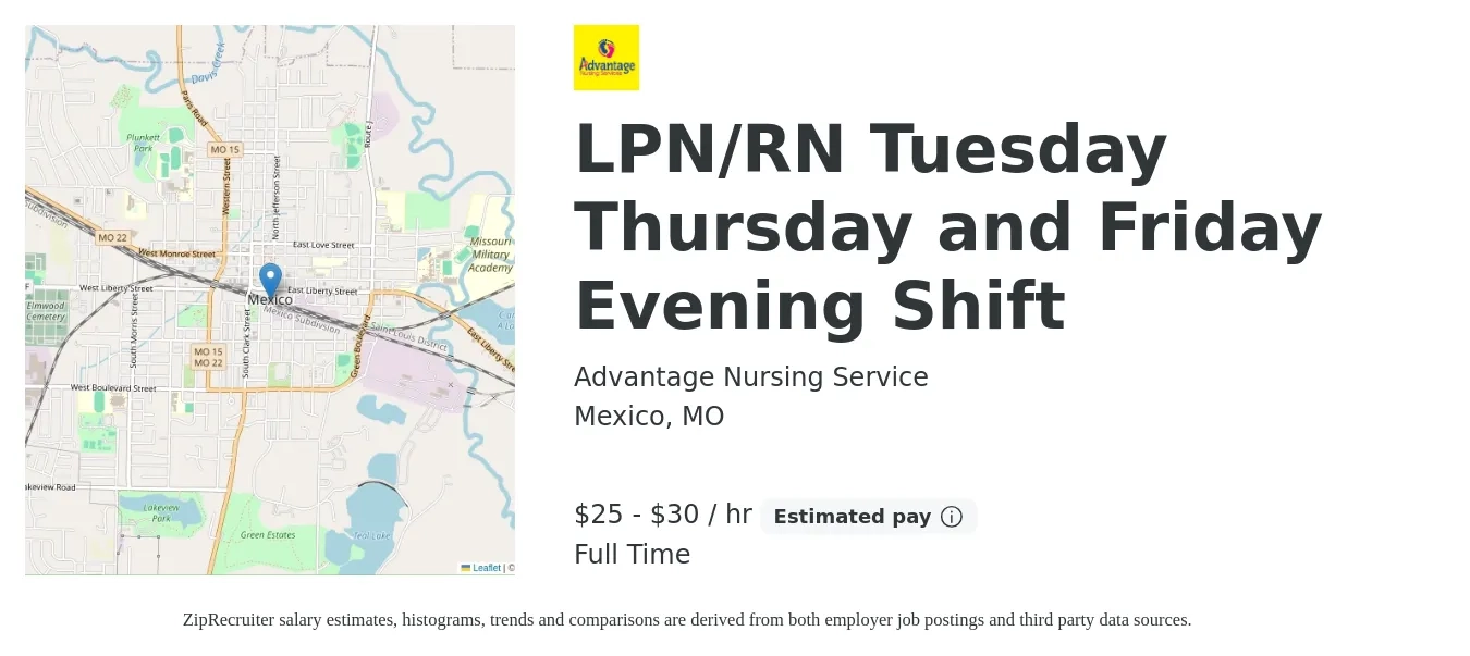 Advantage Nursing Service job posting for a LPN/RN Tuesday Thursday and Friday Evening Shift in Mexico, MO with a salary of $26 to $32 Hourly with a map of Mexico location.