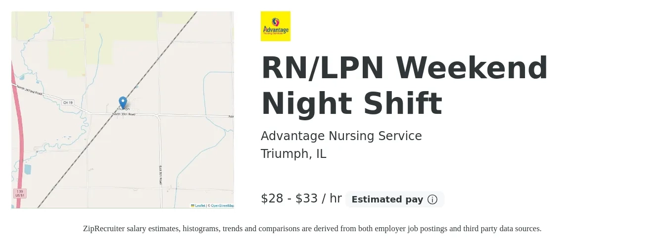 Advantage Nursing Service job posting for a RN/LPN Weekend Night Shift in Triumph, IL with a salary of $30 to $35 Hourly with a map of Triumph location.