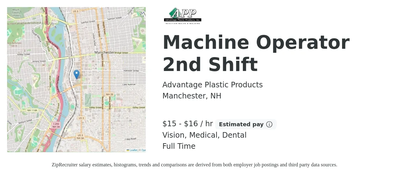 Advantage Plastic Products job posting for a Machine Operator 2nd Shift in Manchester, NH with a salary of $16 to $18 Hourly and benefits including retirement, vision, dental, life_insurance, medical, and pto with a map of Manchester location.