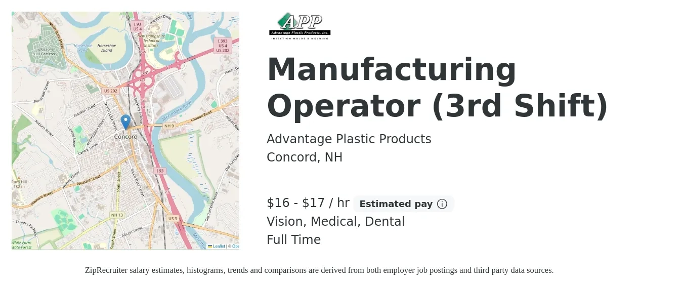 Advantage Plastic Products job posting for a Manufacturing Operator (3rd Shift) in Concord, NH with a salary of $17 to $18 Hourly and benefits including pto, retirement, vision, dental, life_insurance, and medical with a map of Concord location.