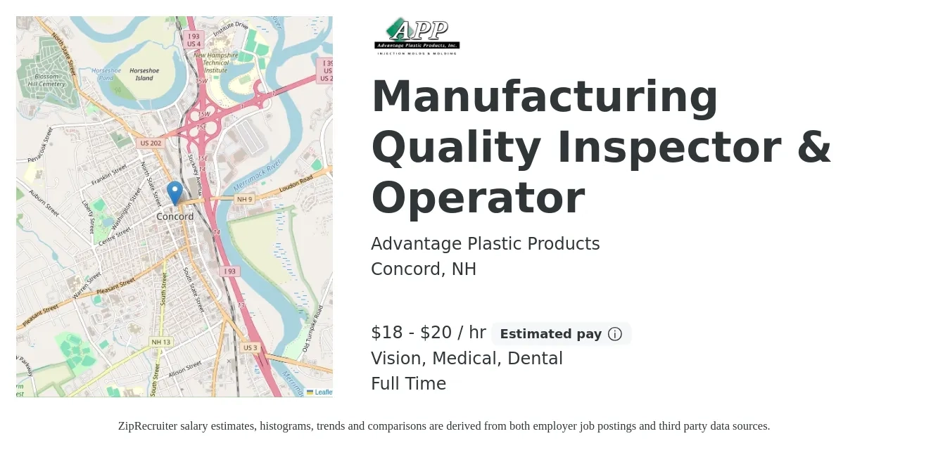 Advantage Plastic Products job posting for a Manufacturing Quality Inspector & Operator in Concord, NH with a salary of $18 to $20 Hourly and benefits including life_insurance, medical, pto, retirement, vision, and dental with a map of Concord location.