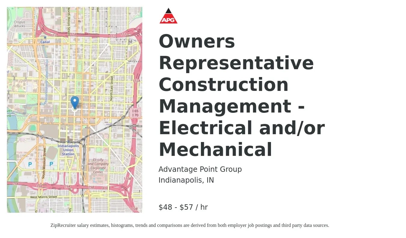 Advantage Point Group job posting for a Owners Representative Construction Management - Electrical and/or Mechanical in Indianapolis, IN with a salary of $50 to $65 Hourly with a map of Indianapolis location.