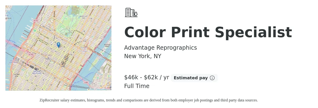 Advantage Reprographics job posting for a Color Print Specialist in New York, NY with a salary of $46,000 to $62,000 Yearly and benefits including pto, and retirement with a map of New York location.