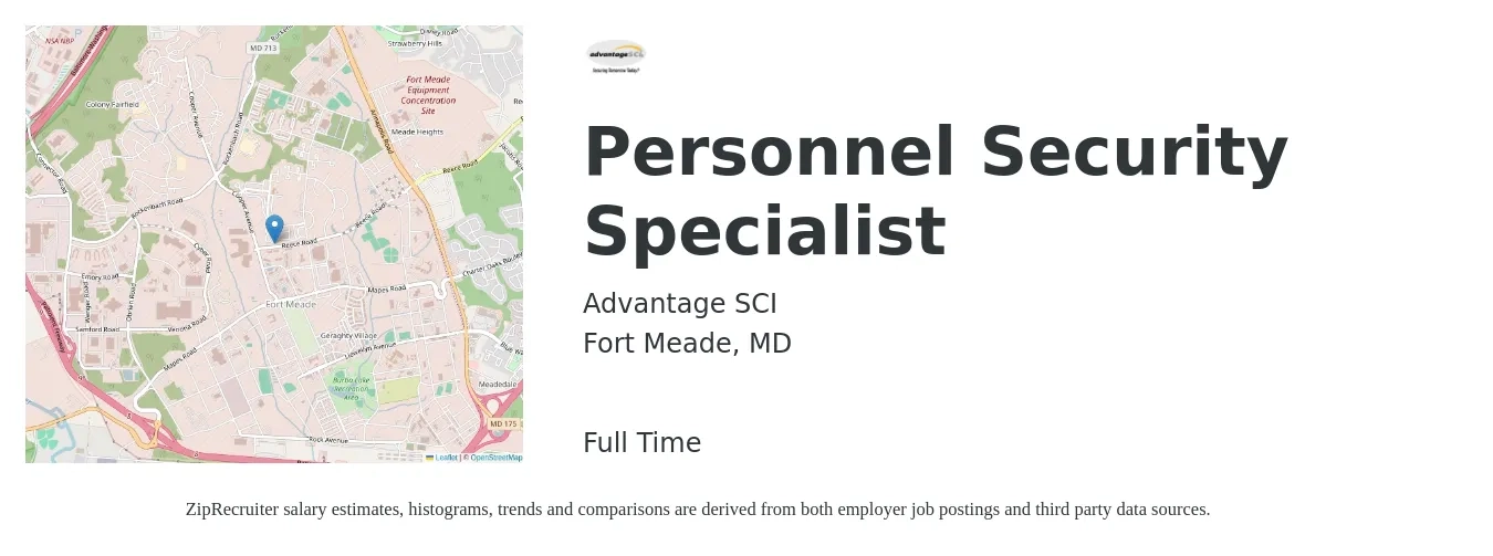 Advantage SCI job posting for a Personnel Security Specialist in Fort Meade, MD with a salary of $51,800 to $109,700 Yearly with a map of Fort Meade location.