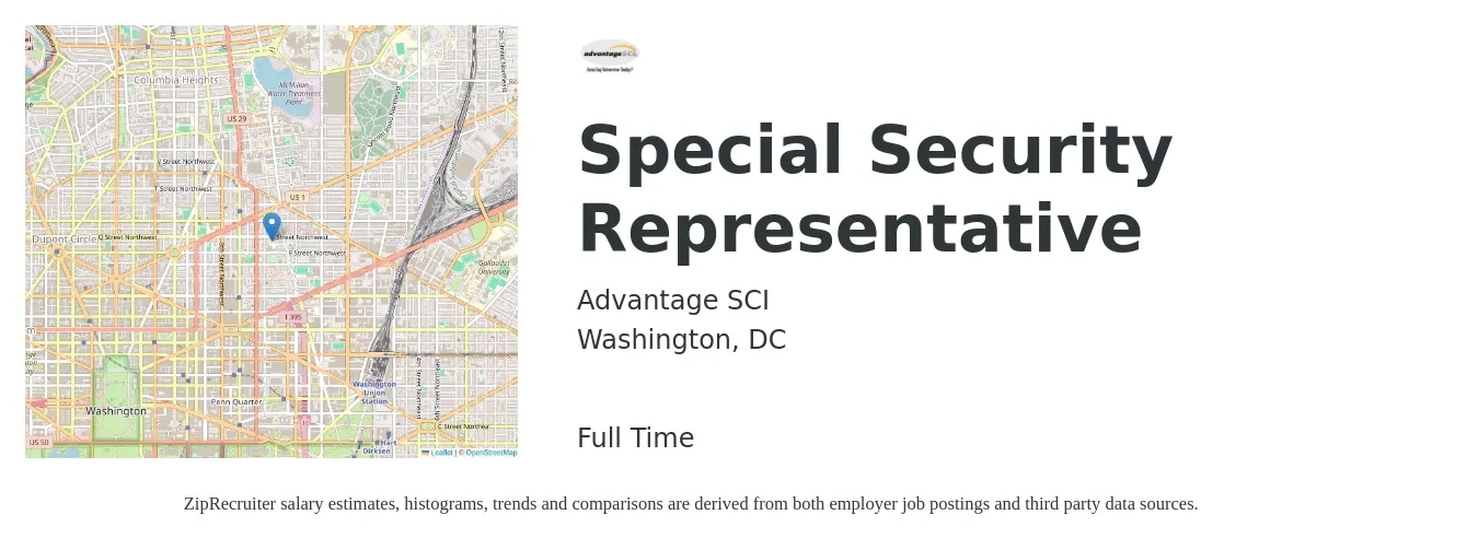 Advantage SCI job posting for a Special Security Representative in Washington, DC with a salary of $19 to $22 Hourly with a map of Washington location.