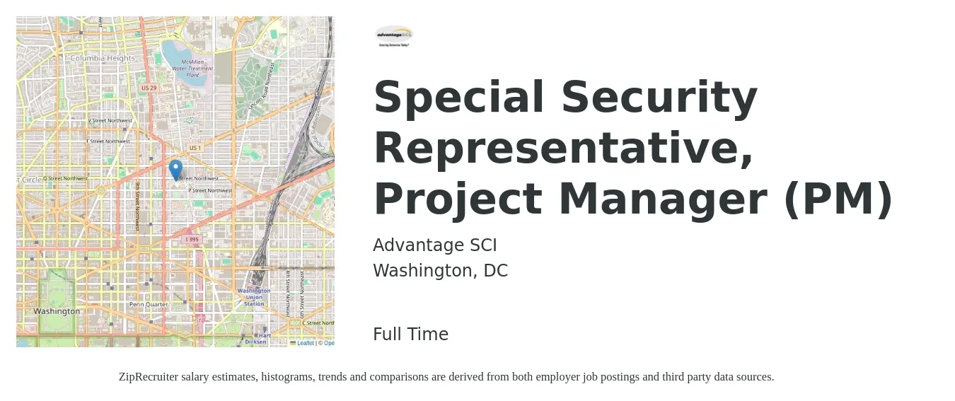 Advantage SCI job posting for a Special Security Representative, Project Manager (PM) in Washington, DC with a salary of $82,100 to $130,700 Yearly with a map of Washington location.