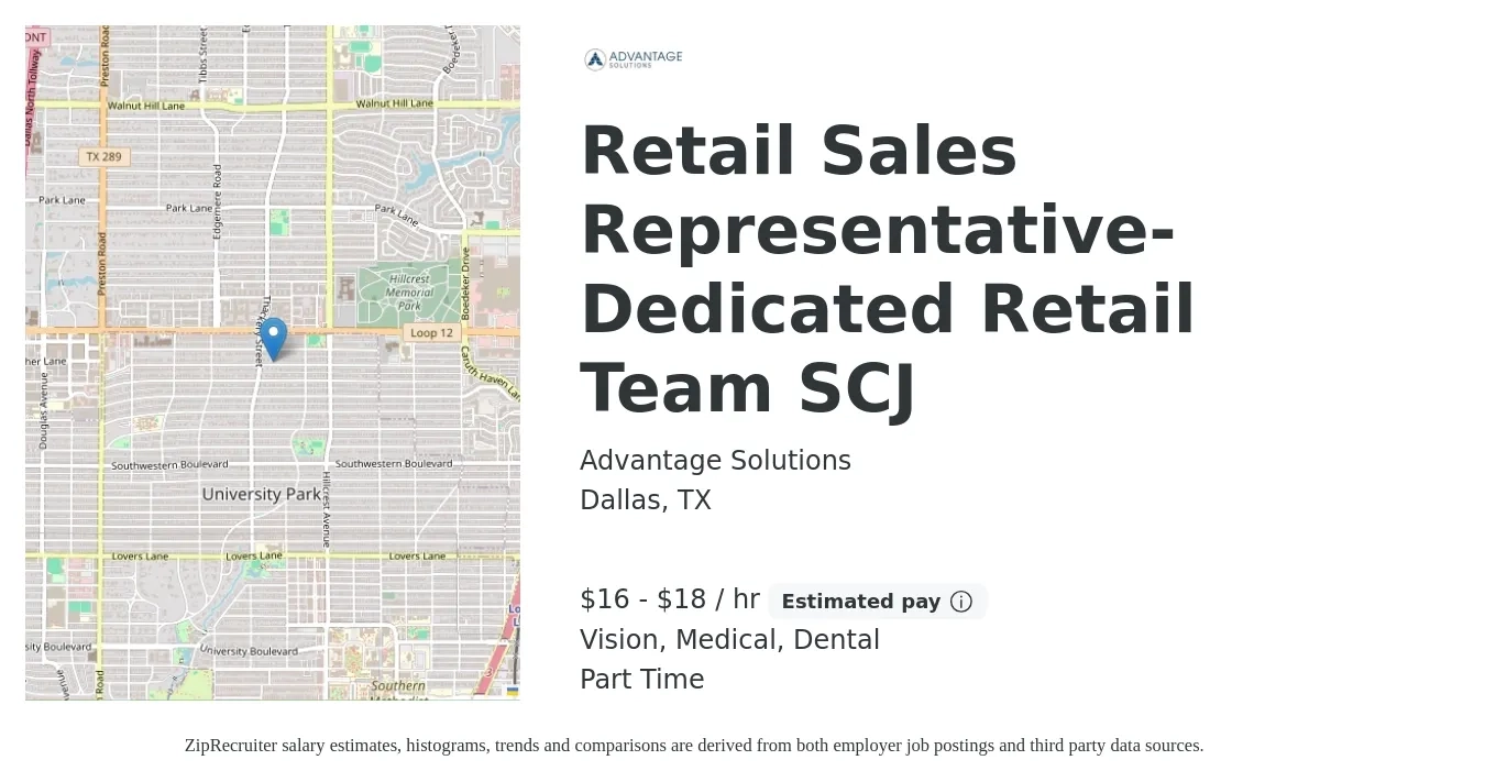 Advantage Solutions job posting for a Retail Sales Representative- Dedicated Retail Team SCJ in Dallas, TX with a salary of $17 to $19 Hourly and benefits including retirement, vision, dental, life_insurance, and medical with a map of Dallas location.