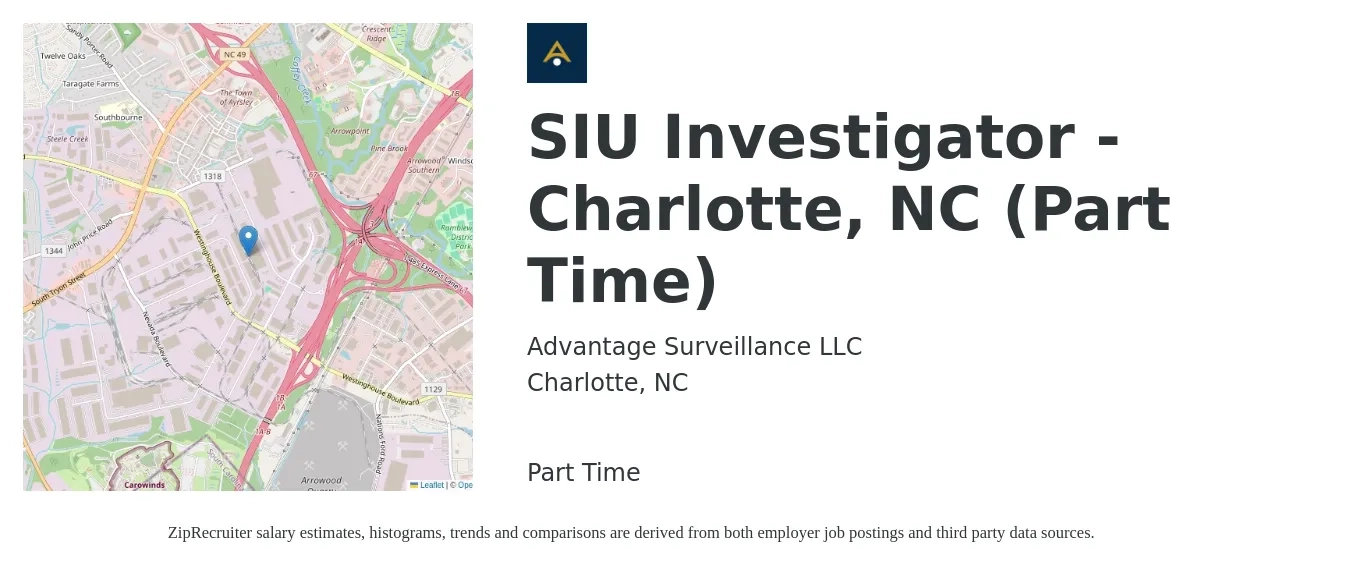 Advantage Surveillance LLC job posting for a SIU Investigator - Charlotte, NC (Part Time) in Charlotte, NC with a salary of $51,200 to $96,100 Yearly with a map of Charlotte location.