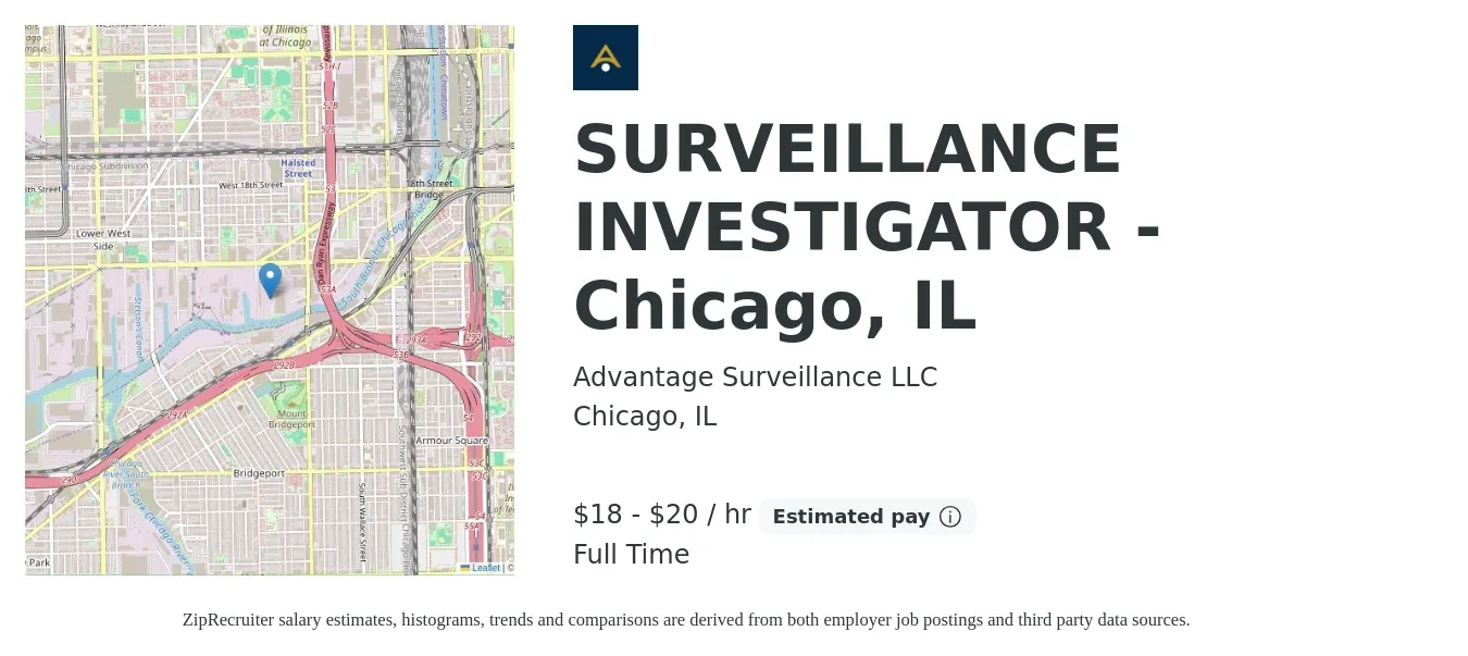 Advantage Surveillance LLC job posting for a SURVEILLANCE INVESTIGATOR - Chicago, IL in Chicago, IL with a salary of $19 to $21 Hourly with a map of Chicago location.