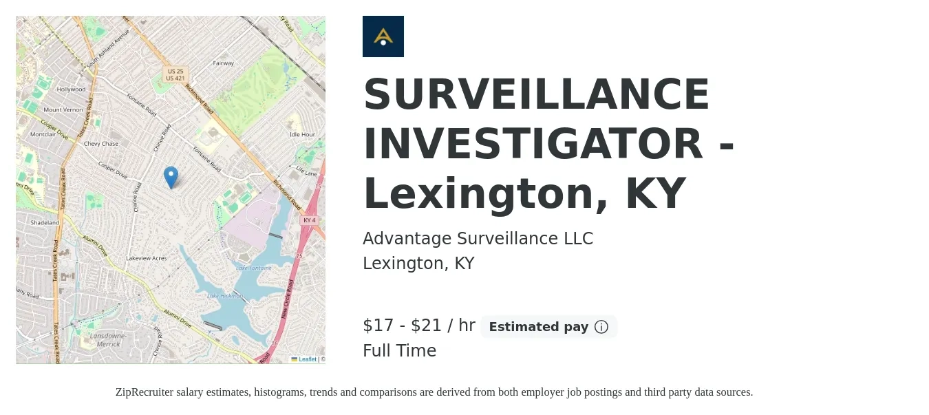 Advantage Surveillance LLC job posting for a SURVEILLANCE INVESTIGATOR - Lexington, KY in Lexington, KY with a salary of $18 to $22 Hourly with a map of Lexington location.