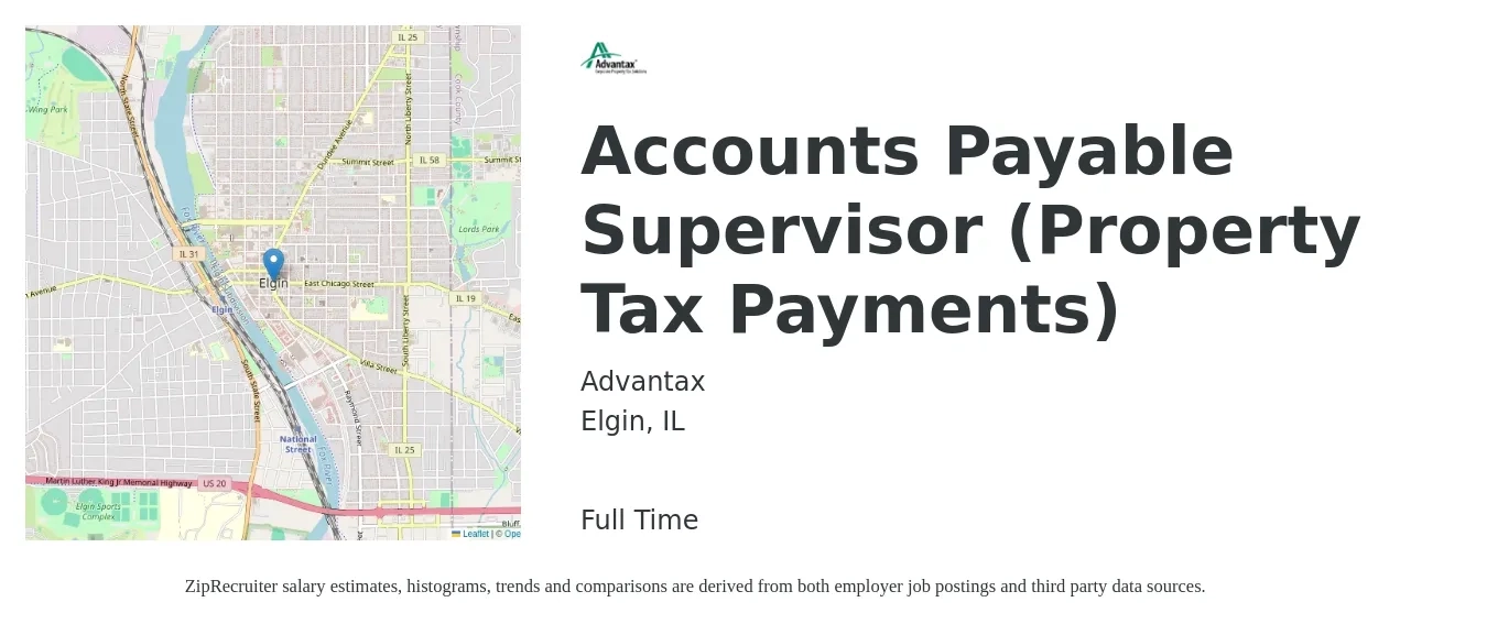 Advantax job posting for a Accounts Payable Supervisor (Property Tax Payments) in Elgin, IL with a salary of $65,100 to $89,500 Yearly with a map of Elgin location.