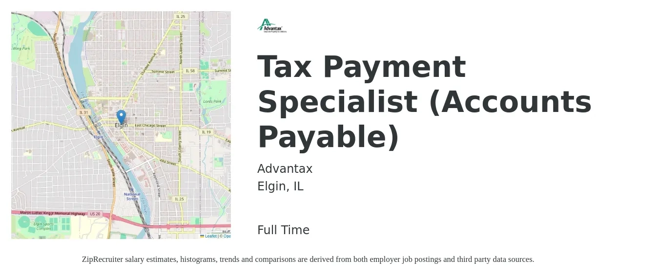 Advantax job posting for a Tax Payment Specialist (Accounts Payable) in Elgin, IL with a salary of $21 to $27 Hourly with a map of Elgin location.