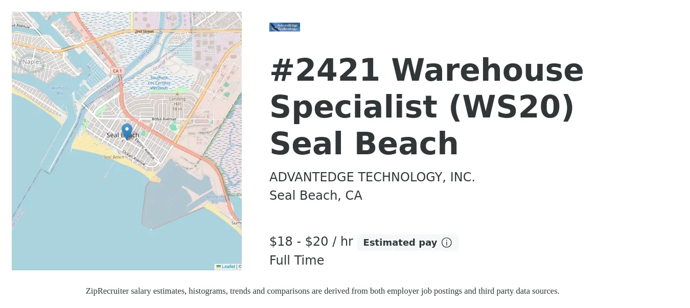 ADVANTEDGE TECHNOLOGY, INC. job posting for a #2421 Warehouse Specialist (WS20) Seal Beach in Seal Beach, CA with a salary of $20 to $22 Hourly with a map of Seal Beach location.