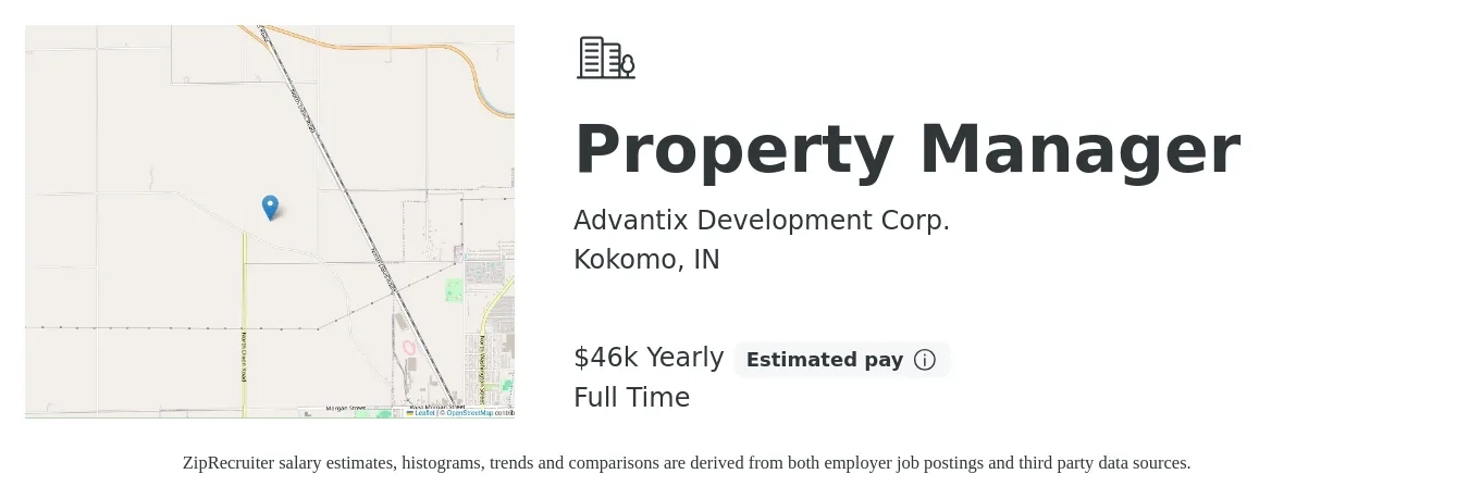 Advantix Development Corp. job posting for a Property Manager in Kokomo, IN with a salary of $46,800 Yearly with a map of Kokomo location.