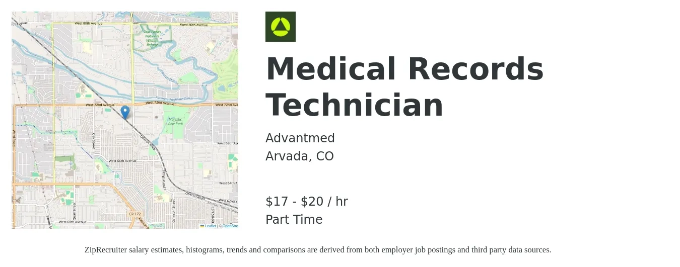 Advantmed job posting for a Medical Records Technician in Arvada, CO with a salary of $18 to $21 Hourly with a map of Arvada location.