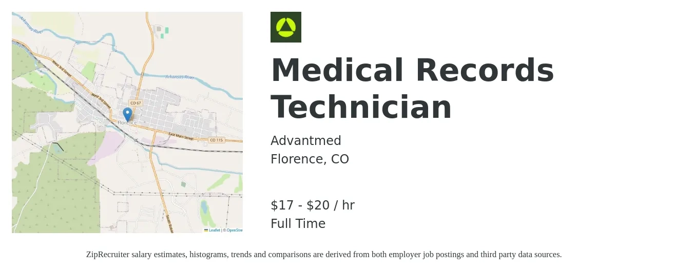 Advantmed job posting for a Medical Records Technician in Florence, CO with a salary of $18 to $21 Hourly with a map of Florence location.