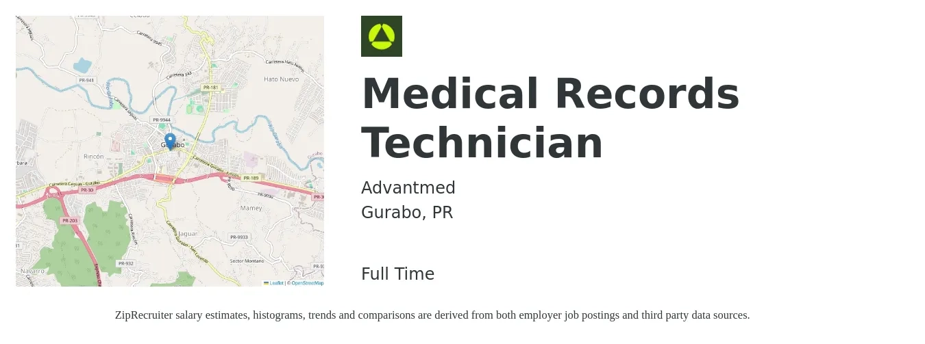 Advantmed job posting for a Medical Records Technician in Gurabo, PR with a salary of $35,700 to $48,700 Yearly with a map of Gurabo location.